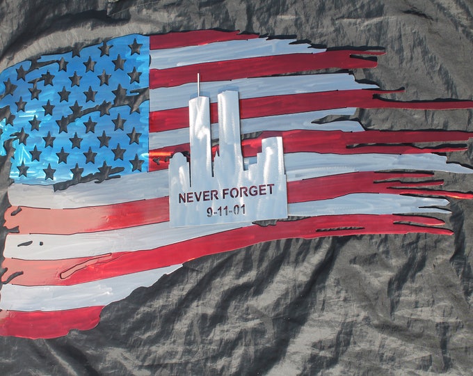 never forget 911 tattered American flag wall art, September 11th US flag art, first responder gift, patriotic decor for home, firefighter