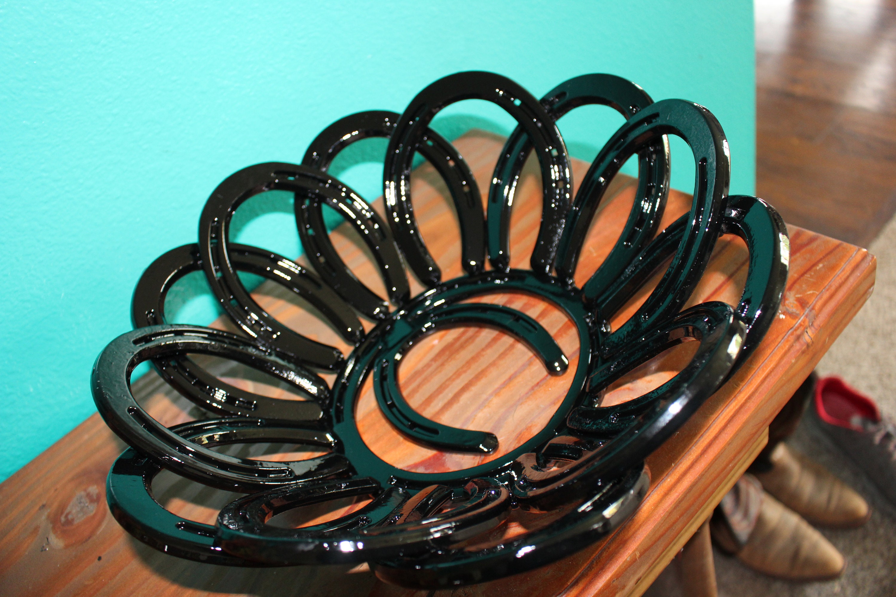 fruit bowl centerpiece for dining table, rustic home decor, horseshoe