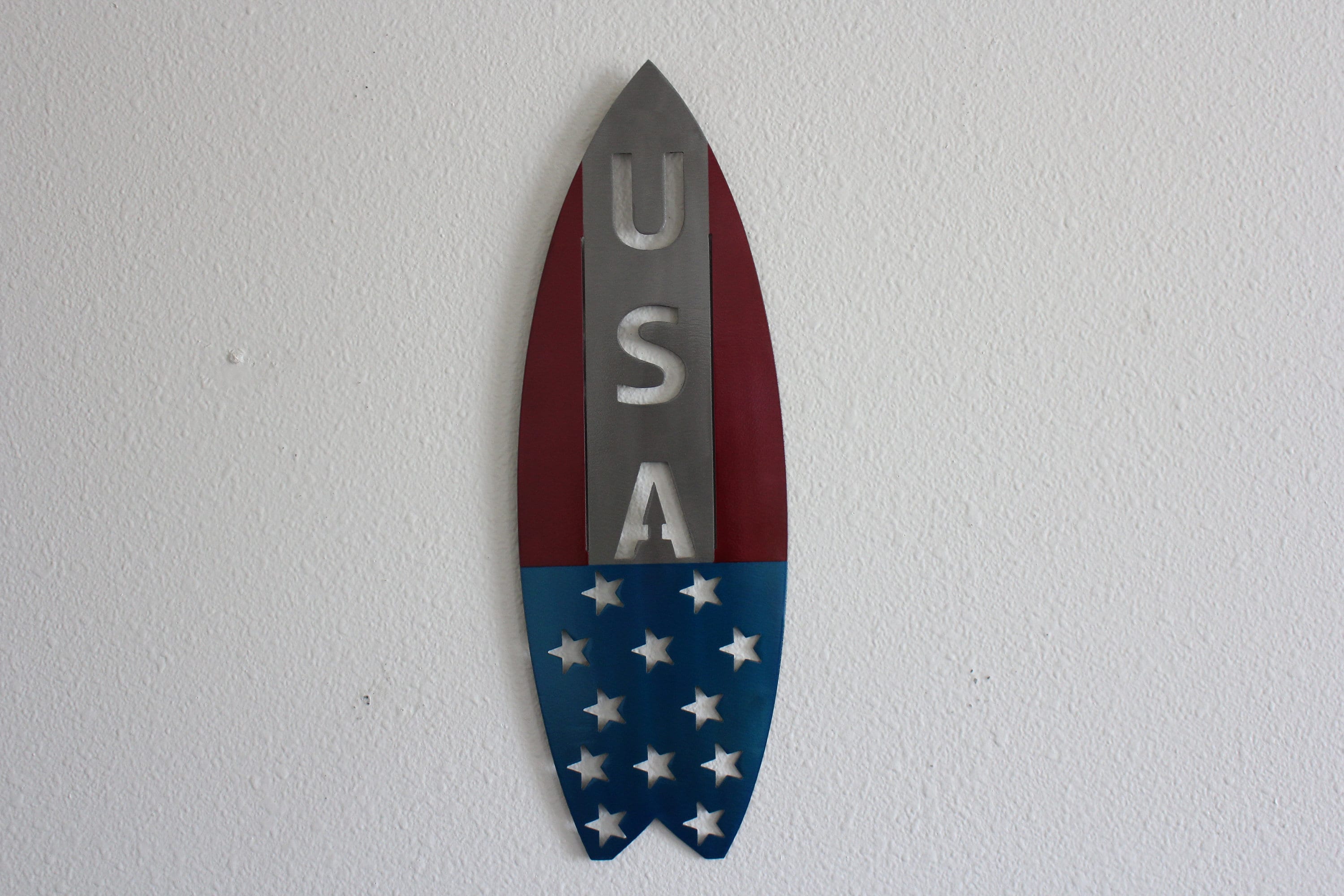 red white and blue metal surfboard wall art, stars and stripes American flag decor, USA