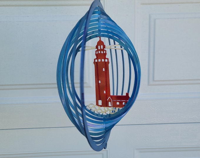 hanging wind spinners for outdoors, beach house gift, lighthouse yard decor, outdoor coastal decor, terrace garden decor, new home gift for