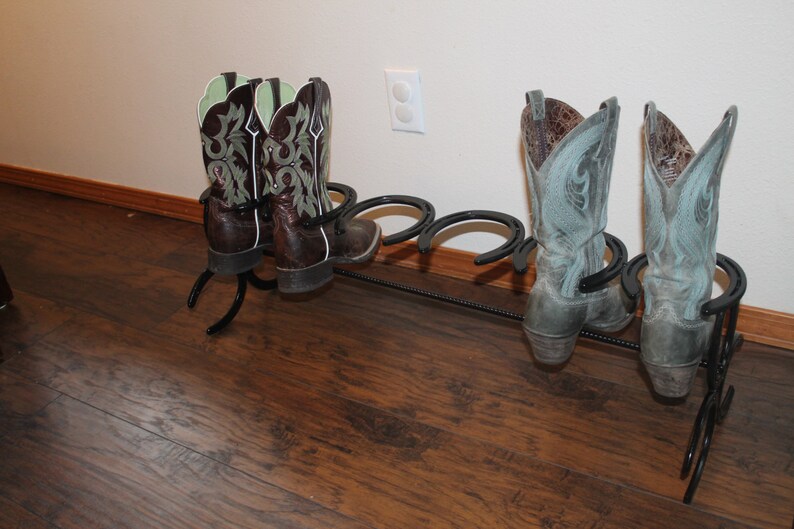 horseshoe boot rack, mudroom storage, cowboy boot holder, entryway organizer and shoe rack, new home gift for men, cowboy decor, country image 5