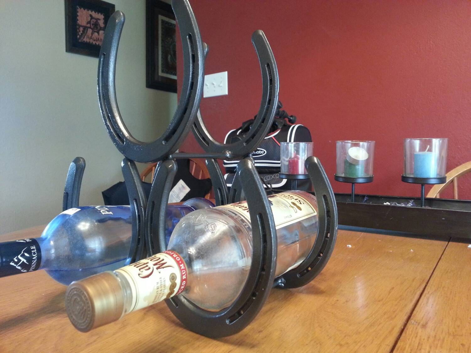 Horseshoe wine rack, bar decor, wine bottle holder, rancher gift