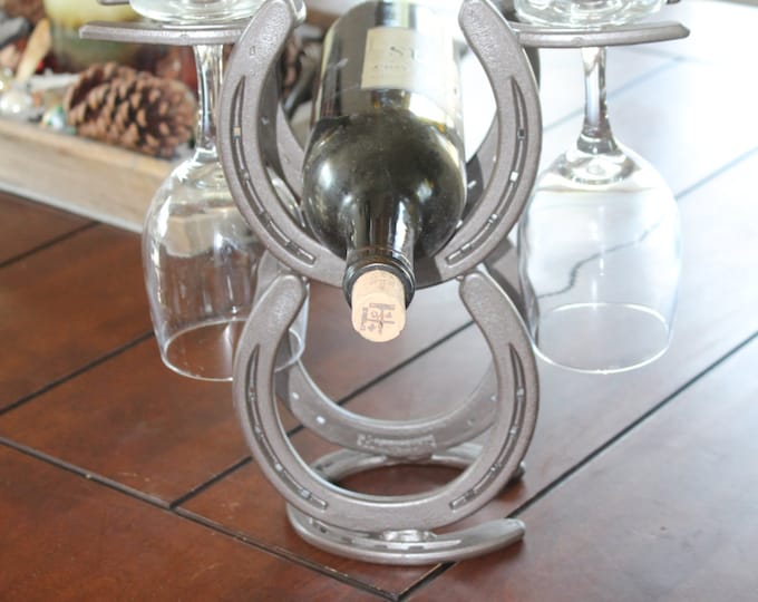 horseshoe wine rack with glasses, wine caddy, wine gifts for her, ranch decor, home bar accessories, alcohol gifts for women, wife gift from