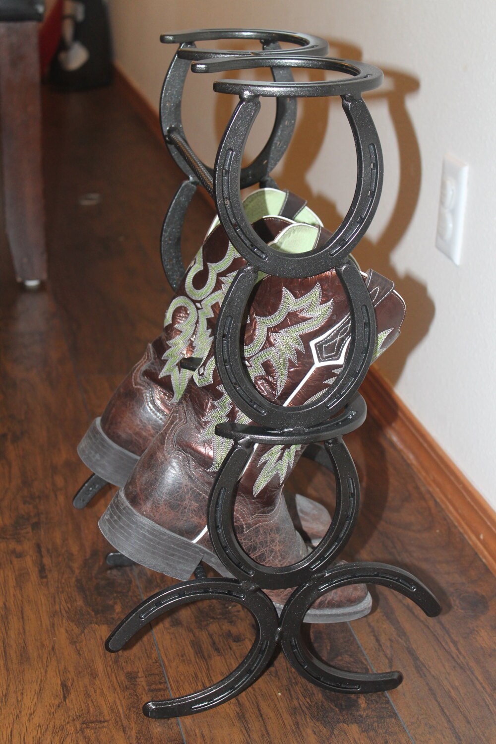 horseshoe boot rack, mudroom storage, cowboy boot holder, entryway
