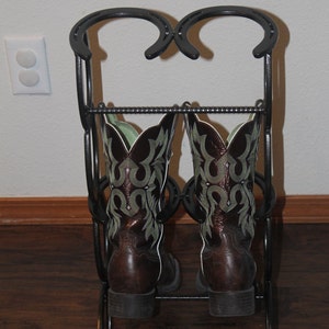 horseshoe boot rack, mudroom storage, cowboy boot holder, entryway organizer and shoe rack, new home gift for men, cowboy decor, country image 4