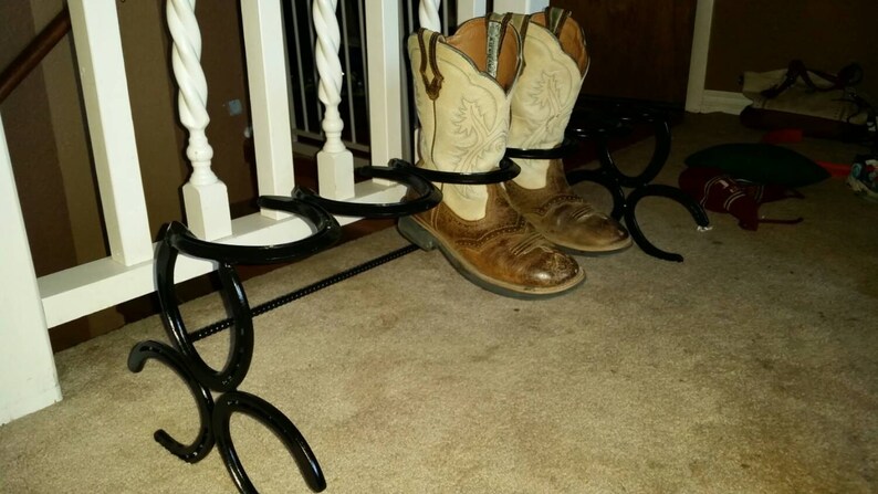 horseshoe boot rack, mudroom storage, cowboy boot holder, entryway organizer and shoe rack, new home gift for men, cowboy decor, country image 2