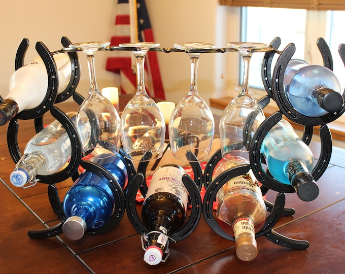 horseshoe wine rack with glass holder, wine gifts for women, ranch decor, home bar accessories, countertop wine rack, unique wedding gift