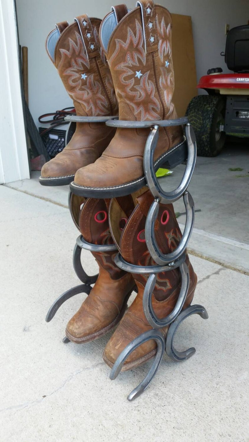 horseshoe boot rack, mudroom storage, cowboy boot holder, entryway organizer and shoe rack, new home gift for men, cowboy decor, country image 1