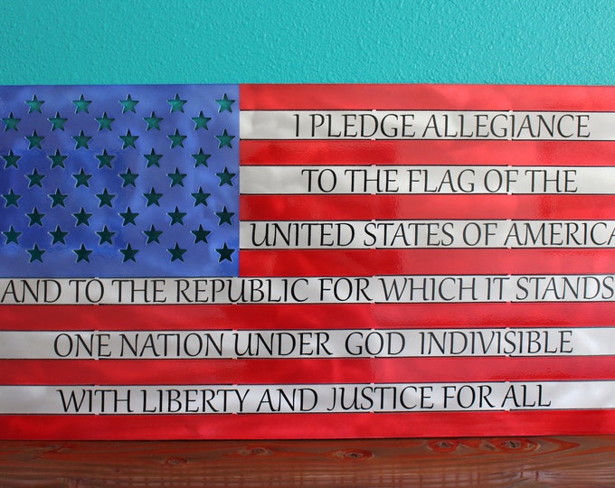 American flag with Pledge of Allegiance.