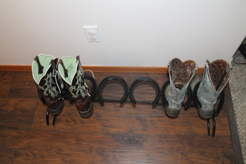 horseshoe boot rack, mudroom storage, cowboy boot holder, entryway organizer and shoe rack, new home gift for men, cowboy decor, country image 4