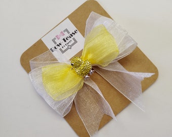 Yellow Chick Organza Bow | Large Yellow Chick Bow | Mini Yellow Chick Bow | Chick Glitter Bow | Chick School Bow | Glitter Bow