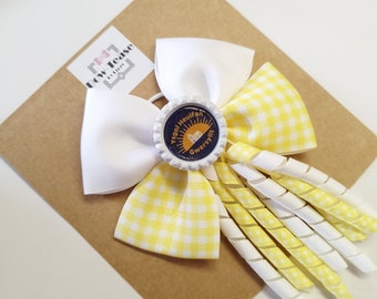 Yellow Gingham and White Logo Bows | School Bow | Large School Bow | Large Logo Bow| Bottle cap Bows |