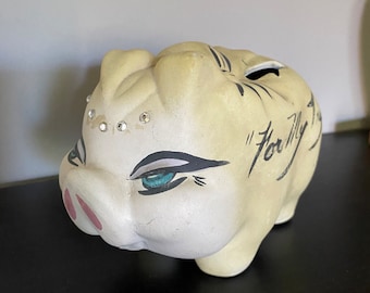 Vintage Retro 1950’s Mid Century Ceramic Piggy Bank “For My Trip” with Cat Eye Makeup and Gemstones As-Is