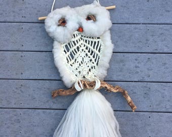 ON SALE! Vintage 3ft Long Macrame White Owl and Wood Retro Wall Hanging