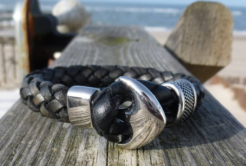 Pulsera de cuero negro marrón trenzada de acero inoxidable pulsera caballero señora