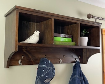 Large Wall Hanging Cubby Shelf with Hooks, Coat Rack, Many colors available