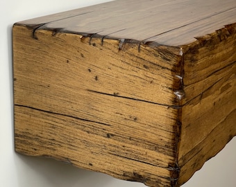 Custom Distressed Fireplace Mantel, Hand hewn Floating Shelf, Made to Order Wood Mantelpiece