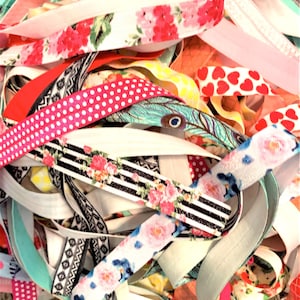 Grab Bag of Printed Fold Over Elastic, 5 15 20 50 100 Yards, 5/8 inch FOE, Hair Tie Supplies,Hair Tie Making,DIY Headband, Sewing Supplies,