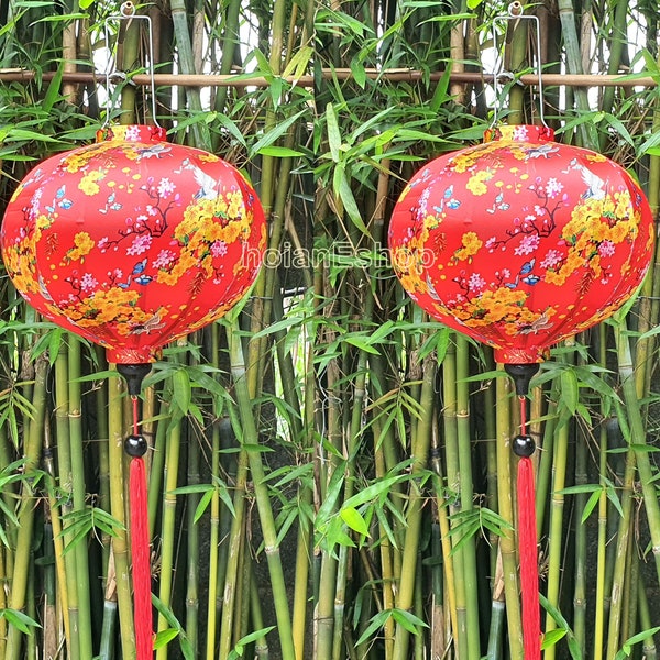 Set 2 pcs Vietnam Hoi An Silk Lanterns 45cm with Yellow Apricot Flowers Fabric for Wedding decoration - Restaurant Decoration