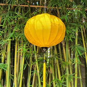 May include: A yellow silk lantern with a tassel hanging from a bamboo grove background.