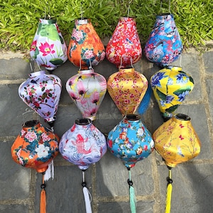Set of 12 bamboo silk lanterns 35cm - Mix shape and color - Lamp for wedding - Wedding lighting ideas - Home front door decoration