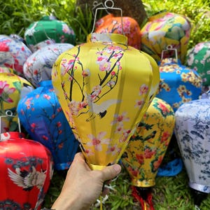 Waterproof Bamboo Lantern: Yellow Floral Silk, Hoi An Decor