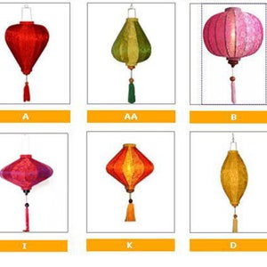 May include: Assortment of ten hanging lanterns in various colors and styles. The lanterns are made of fabric and have a tassel at the bottom. The lanterns are hanging from a white ceiling.