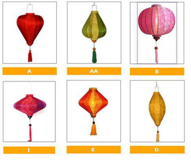 May include: Assortment of ten hanging lanterns in various colors and styles. The lanterns are made of fabric and have a tassel at the bottom. The lanterns are hanging from a white ceiling.