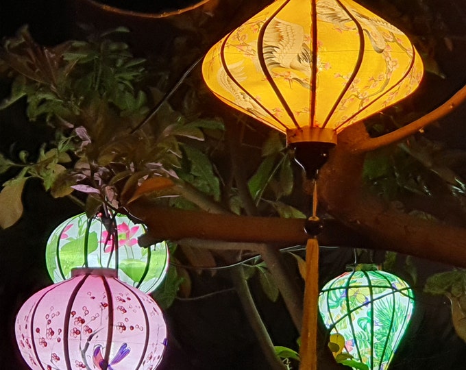 Set of 4 Hoi An Silk Lanterns: Bamboo, Mixed Colors, 35cm, Personalized lanterns, Wedding Garden