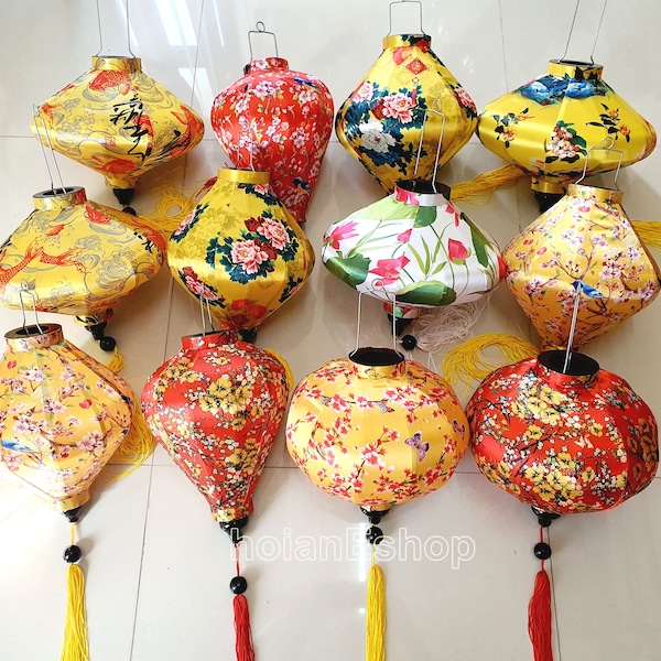 Set 12 Vietnam silk lanterns for New Year Decor - TET Decor - Wedding decorations - yellow apricot flowers - cherry blossom