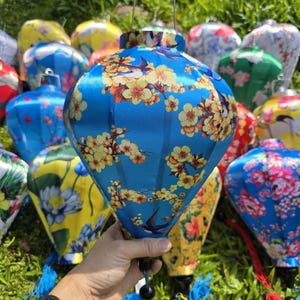 Hoi An Blue Floral Silk Lantern: Waterproof Bamboo Wedding Decor