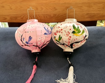 Handpainted Silk Lanterns: Vietnamese Cherry Blossom & Bird Decor, Set of 2
