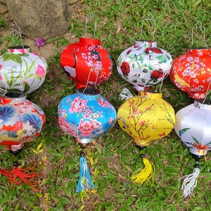 Set 8 pcs Viet Nam bamboo lanterns 22cm with flowers fabric for garden decor - Lanterns for wedding decor Lanterns for Living room decor