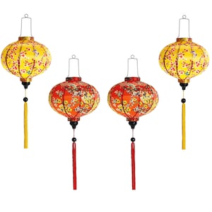 May include: Four decorative paper lanterns. Two are yellow with a floral and butterfly pattern, and two are red with a floral pattern. Each lantern has a black base, a tassel, and a wire loop for hanging.