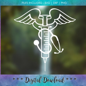 May include: White outline of the medical symbol, a caduceus with wings, a syringe, and a stethoscope. The symbol is on a blurred green, blue, and purple background.
