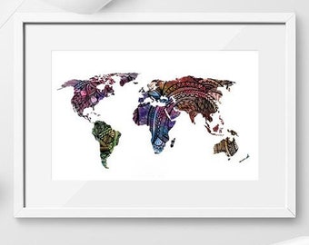 Acuarela Mapa Mundial Arte Impresión, Magenta Rosa & Púrpura Pintura Impresión, World Globe Travel Art Print cartel, Dorm Decor, Mapa del Mapa del Mundo
