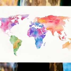Carte du monde Imprimer, Aquarelle World Map, Blue & Pink Boho Globe Art, Travel Art Prints, Map Print, Map of the World, Wanderlust Home Decor