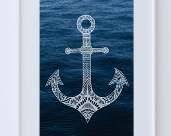 Nautical Anchor Print, Anchor Drawing, Nautical Art, Aztec design print, Marine Nautical art, Coastal Living, marine art, Ship Anchor Prints