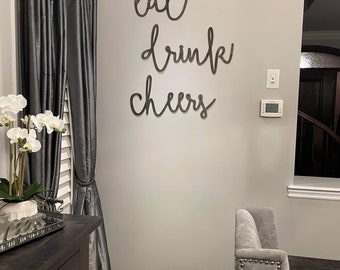 Eat, Drink, Cheers wood cutout sign, farmhouse decor signs, wall word signs, kitchen text decor, dining room word art decor, housewarming