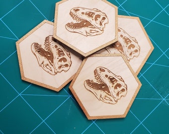 Dinosaur wood coaster set, Jurrasic engraved Coaster, Custom Dinosaur gift, anthropologist gift, Dino lover gift, T-rex fossil coaster set