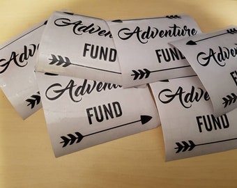 May include: Six white labels with black text and arrows. The labels read "Adventure Fund" with an arrow pointing to the right.