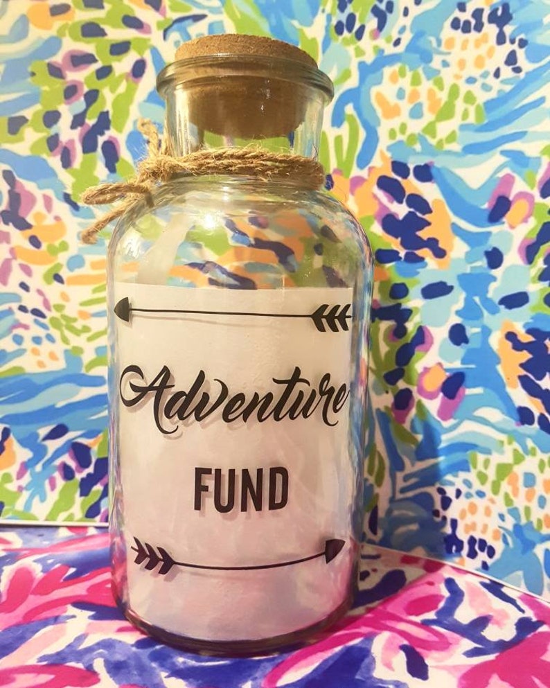 Travel Fund Decal, Money Jar Vinyl Only, Travel Gifts, Traveller Gifts, Adventure Funds, Money Box, Piggy Bank, saving jar, Adventure Awaits image 1