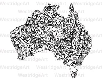 Mandala, Doodle Adult Colouring Page, Map of Australia, Printable Colouring Pages, Zen Doodle Art, Instant Download Print at home