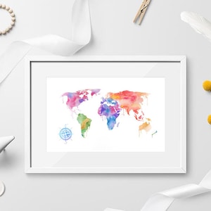 Rainbow World Map, Colorful Watercolor World Map, Wall Art World Map, Poster Map Print, Travel Decor, Wanderlust, Travel Gift, pendaison de crémaillère