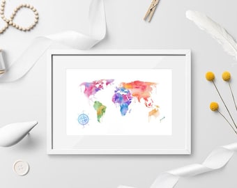 Wereldkaart regenboog, kleurrijke aquarel wereldkaart, kunst aan de muur wereldkaart, poster kaart afdrukken, decor reizen, reislust, reiscadeau, housewarming