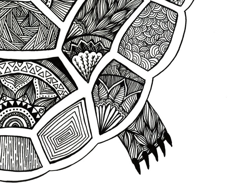 Puede incluir: Dibujo en blanco y negro de una tortuga con un caparaz&oacute;n de patrones detallados. La cabeza y las patas de la tortuga tambi&eacute;n tienen patrones.