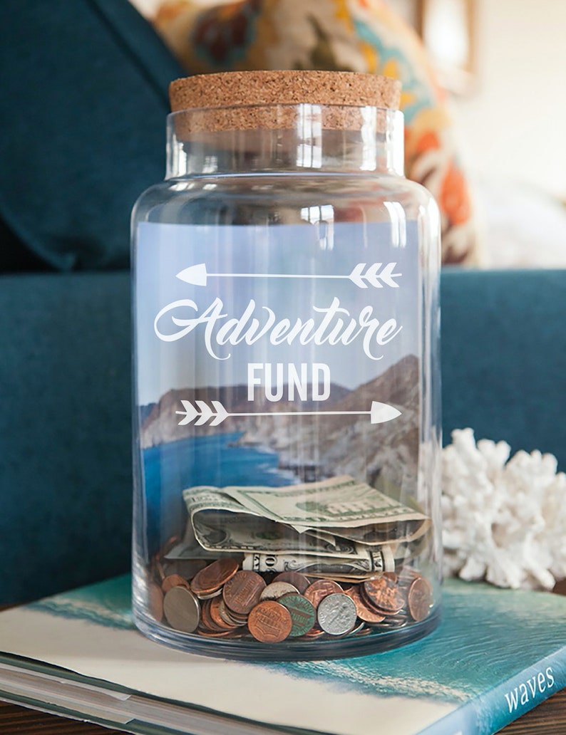 Travel Fund Decal, Money Jar Vinyl Only, Travel Gifts, Traveller Gifts, Adventure Funds, Money Box, Piggy Bank, saving jar, Adventure Awaits image 2