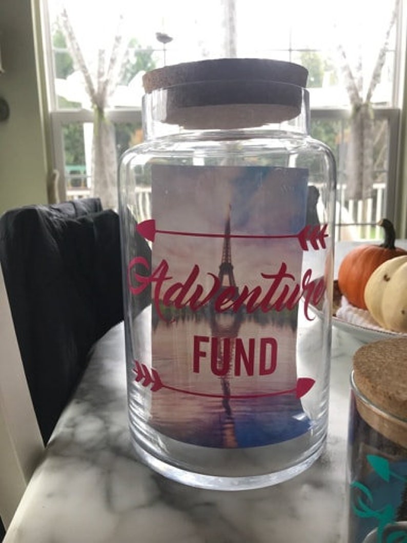 Travel Fund Decal, Money Jar Vinyl Only, Travel Gifts, Traveller Gifts, Adventure Funds, Money Box, Piggy Bank, saving jar, Adventure Awaits image 8