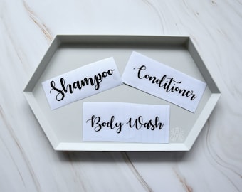 Juego de calcomanías para botellas de baño, champú, acondicionador y gel de ducha, pegatinas de vinilo (paquete de 3)