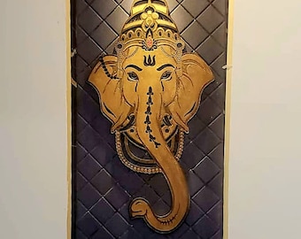 Gold Wood Ganesh wall piece, wood art of Abstract Ganesha, Yoga studio decor, Ganesha wood wall sculpture, Lord Ganeshji wood art piece